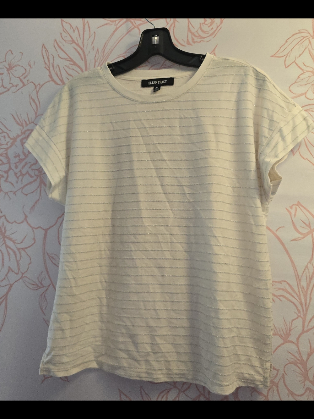 Ellen Tracy Cream Short-Sleeve Crewneck Tee with Subtle Silver Metallic Stripes